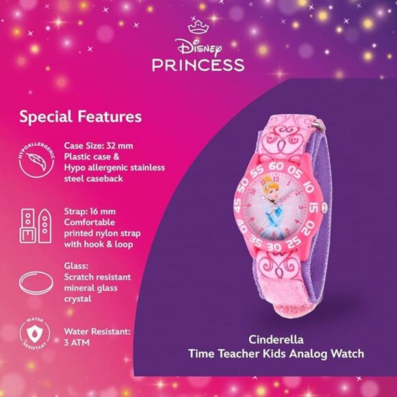 NWT - Disney Princess Kids' Plastic Time Teacher Analog Quartz Nylon Strap Watch - Picture 3 of 15
